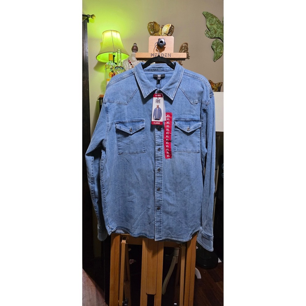 Frye Mens Western Denim Shirt Medium Wash Blue Stretch Button Down XL NWT